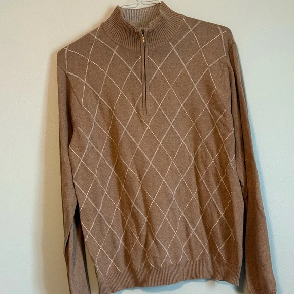 Van Heusen Men’s Camel Tan Argyle Quarter-Zip Sweater - Size S - Picture 2 of 6